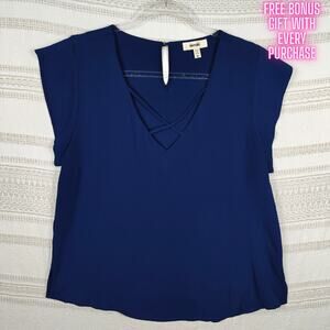 Meraki Dark Blue V-Neck Blouse Top Criss Cross Detail Size XL NEW